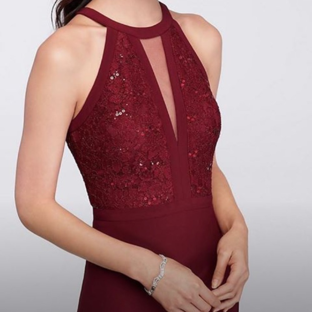 Long lace halter dress with illusion cutout