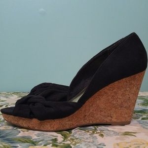 H&M Black Faux Suede Open Toe Cork Wedges Sandals