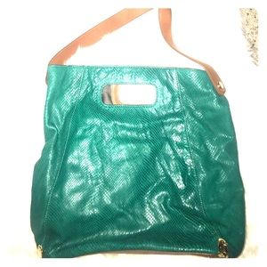 Michael Kors teal faux snakeskin bucket tote