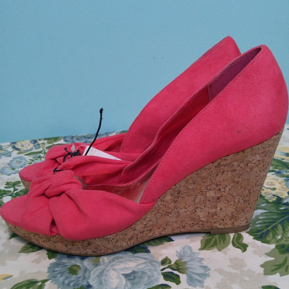 H&M Coral Pink Faux Suede Open Toe Cork Wedges 9