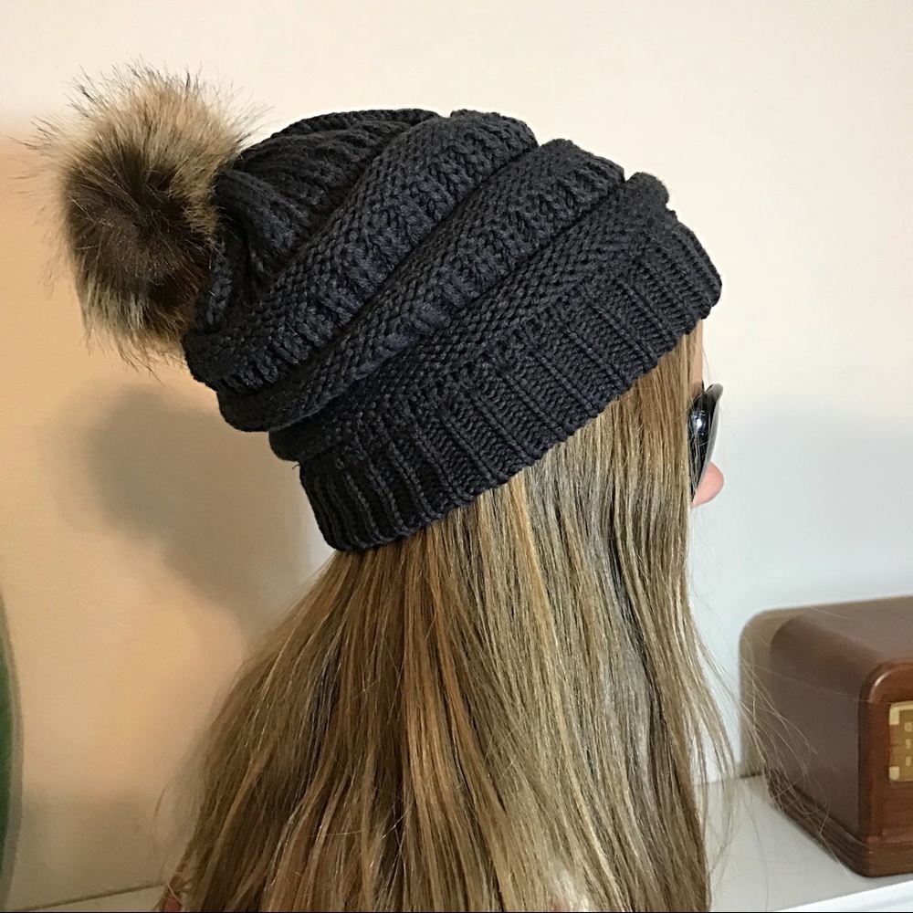 Slouchy Charcoal Knit Beanie Faux Fur Pom Pom