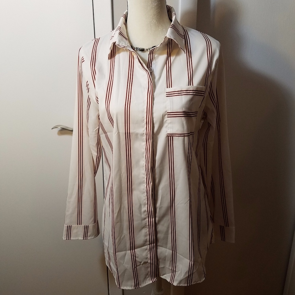 Liu Si Ran Striped White & Red Ladies Dress Shirt