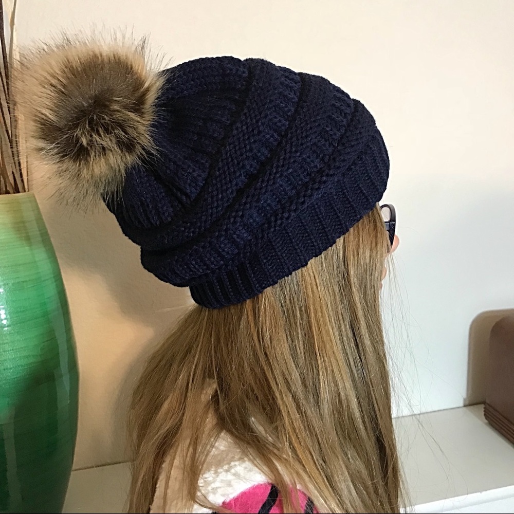 Slouchy Dark Blue Knit Beanie Faux Fur Pom Pom