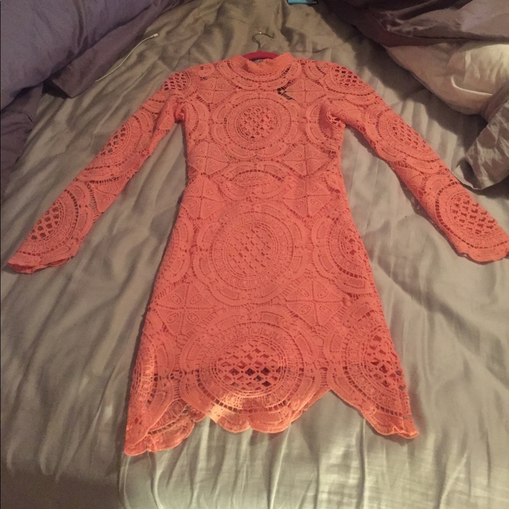 CORAL COLOR LACE DRESS WITH SLIP UNDERNEATH