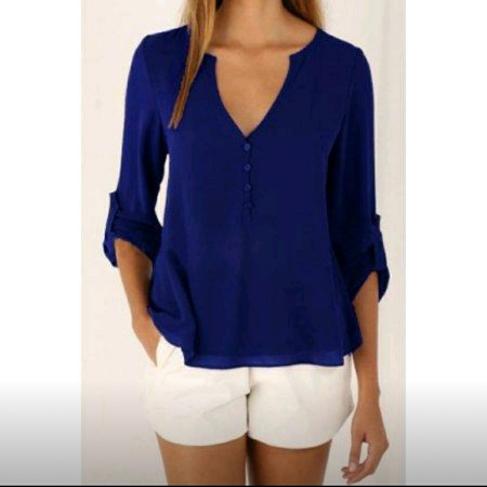 V-Neck Button Back Navy Blouse