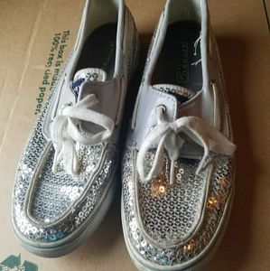 Sperry Silver sequin shoes with white laces