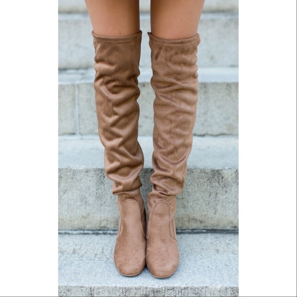 Tan Pull On Tie Back Over the Knee Slouch Boots - Picture 2 of 7