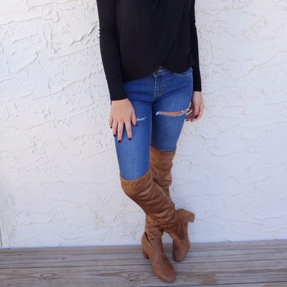 Tan Pull On Tie Back Over the Knee Slouch Boots - Picture 4 of 7