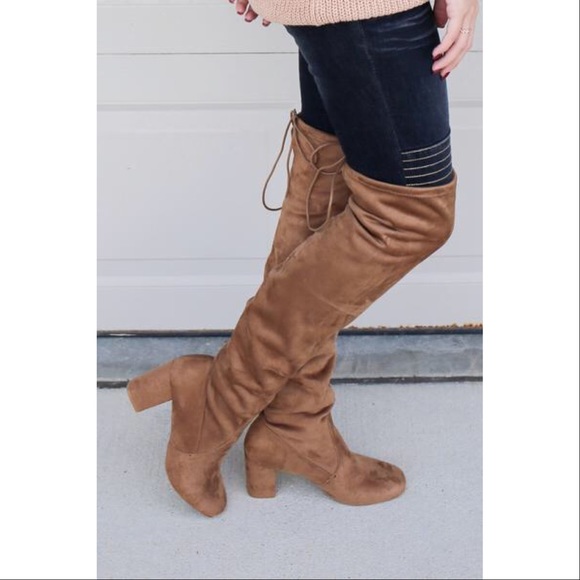 Tan Pull On Tie Back Over the Knee Slouch Boots - Picture 5 of 7