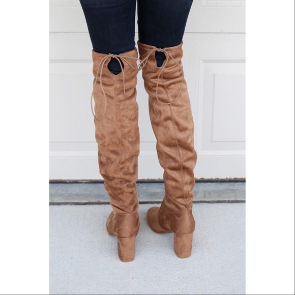 Tan Pull On Tie Back Over the Knee Slouch Boots - Picture 6 of 7