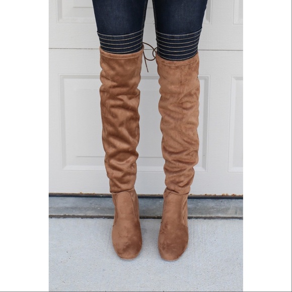 Tan Pull On Tie Back Over the Knee Slouch Boots - Picture 3 of 7