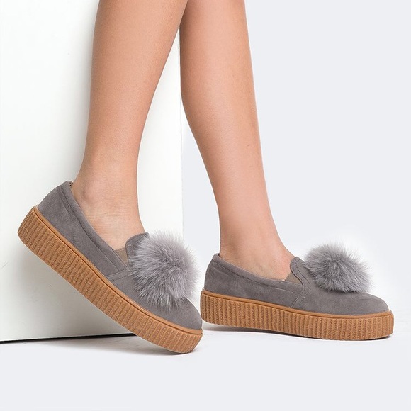 Boutique Shoes - Denim Blue Slip On Pom Pom Creeper Sneakers