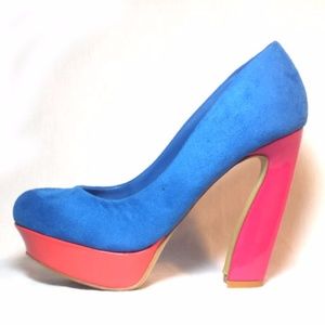 Blue Faux Suede Platform Chunky Pump Heels