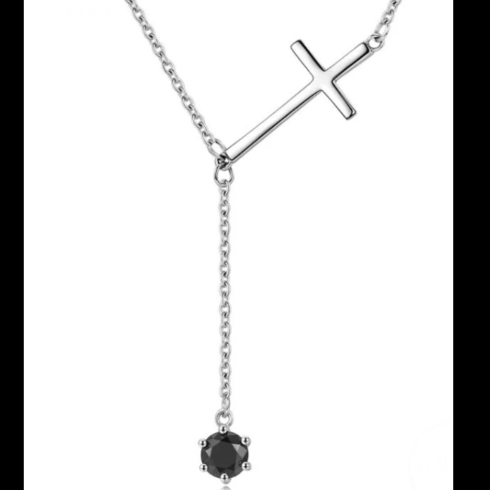 S925 CZ Sideway Cross Black Zircon Stone Tassel