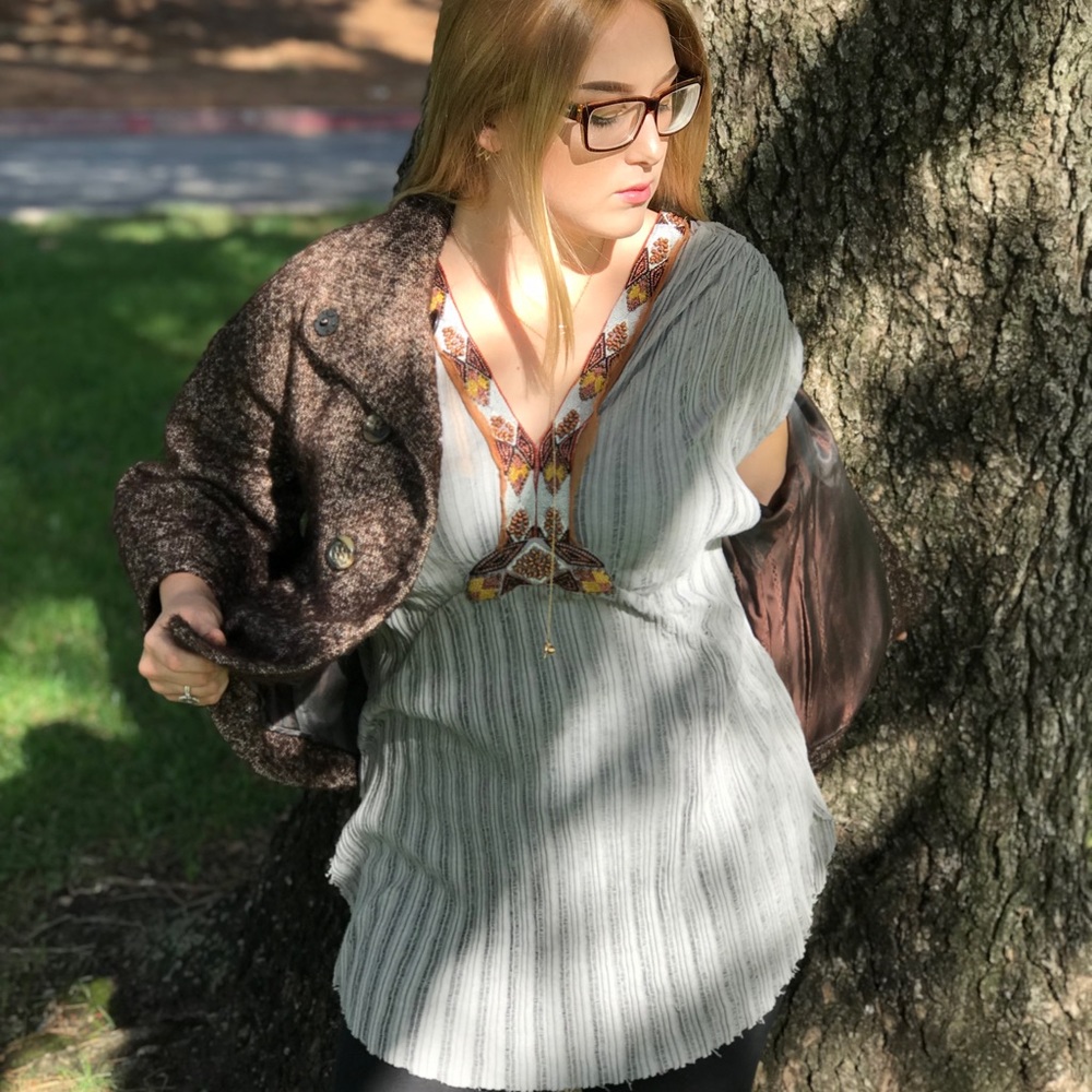 Free People Oversized Beaded Grey Tunic Raw Cut