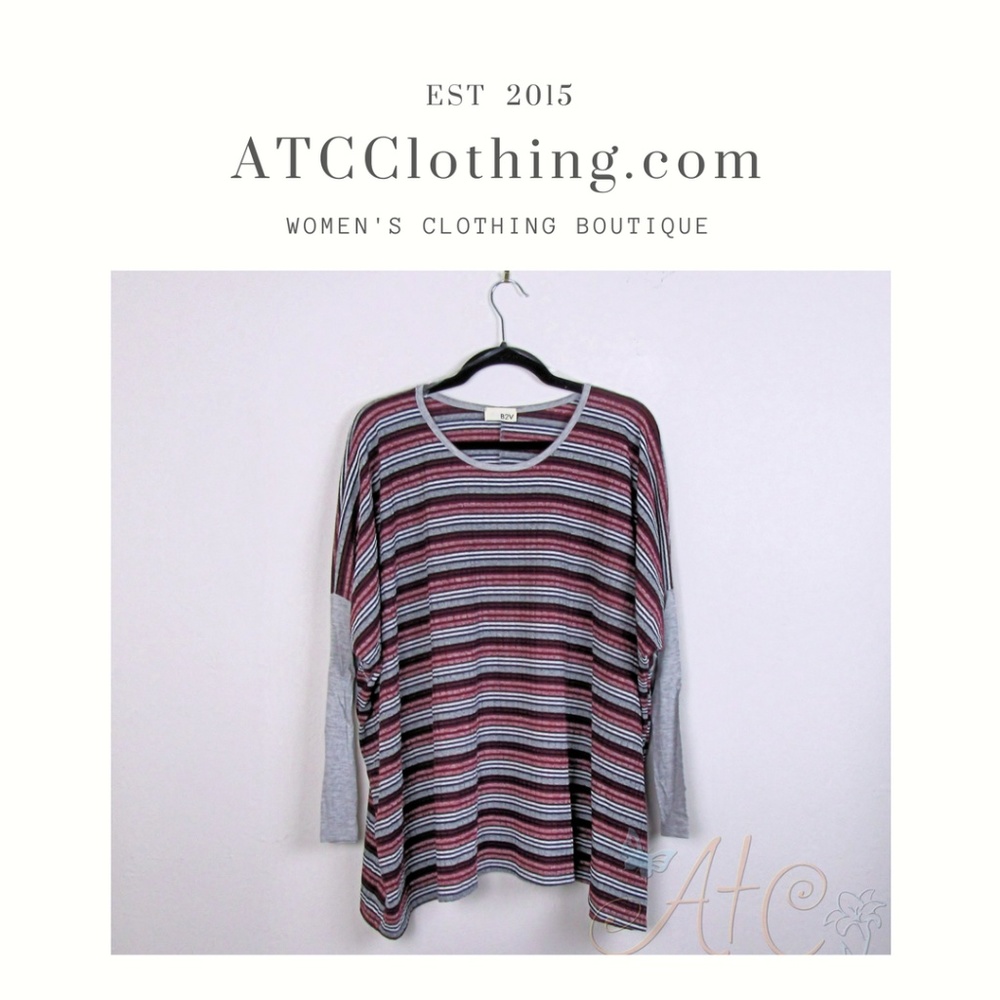 B2V Burgundy Striped Tunic Top with Contrast Sleev