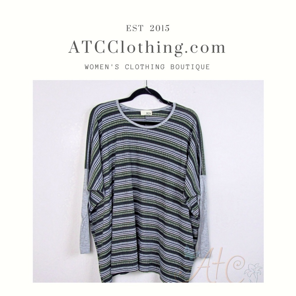 B2V Green Striped Tunic Top with Contrast Sleeves