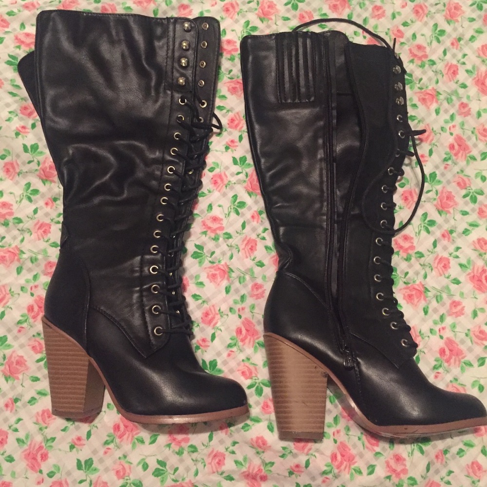 Knee High Black Lace Up Boots