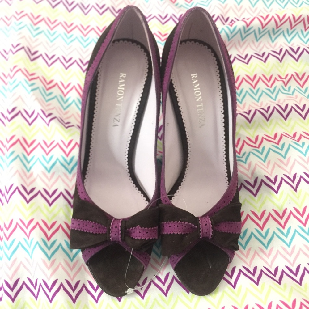 RAMON TENZA Women's Open Toe Bow Tie Purple Heels