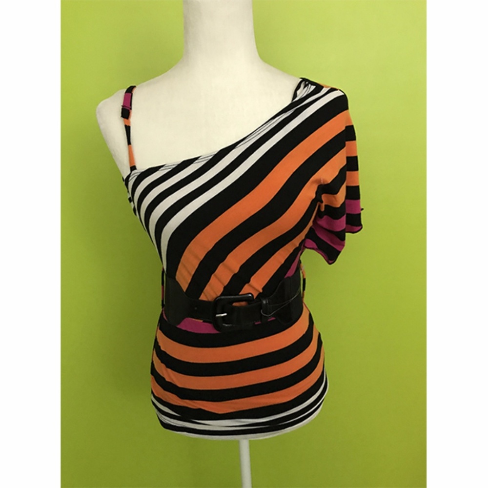 B-wear Orange Black Stripe Belt One Shoulder Top S