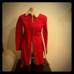 Red Shirt Dress With Faux Fur Collar