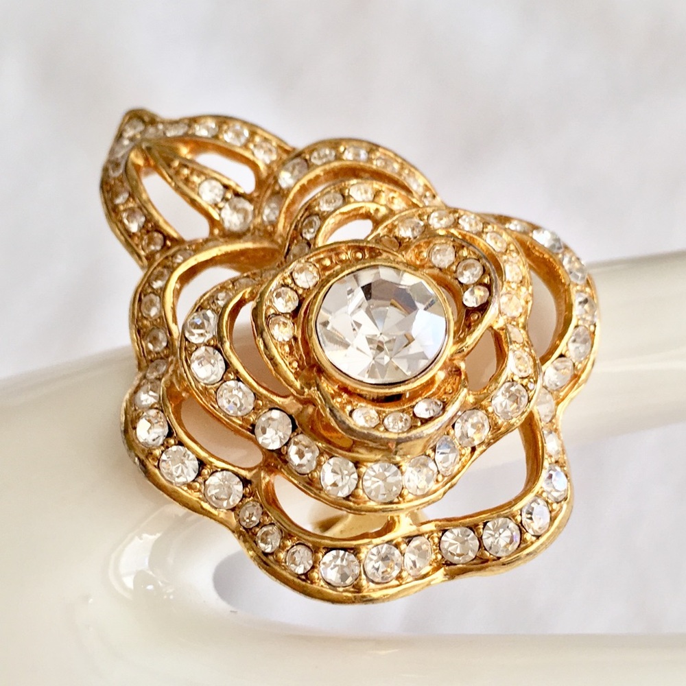 Paula Abdul Rose Statement Ring  Gold & Crystals