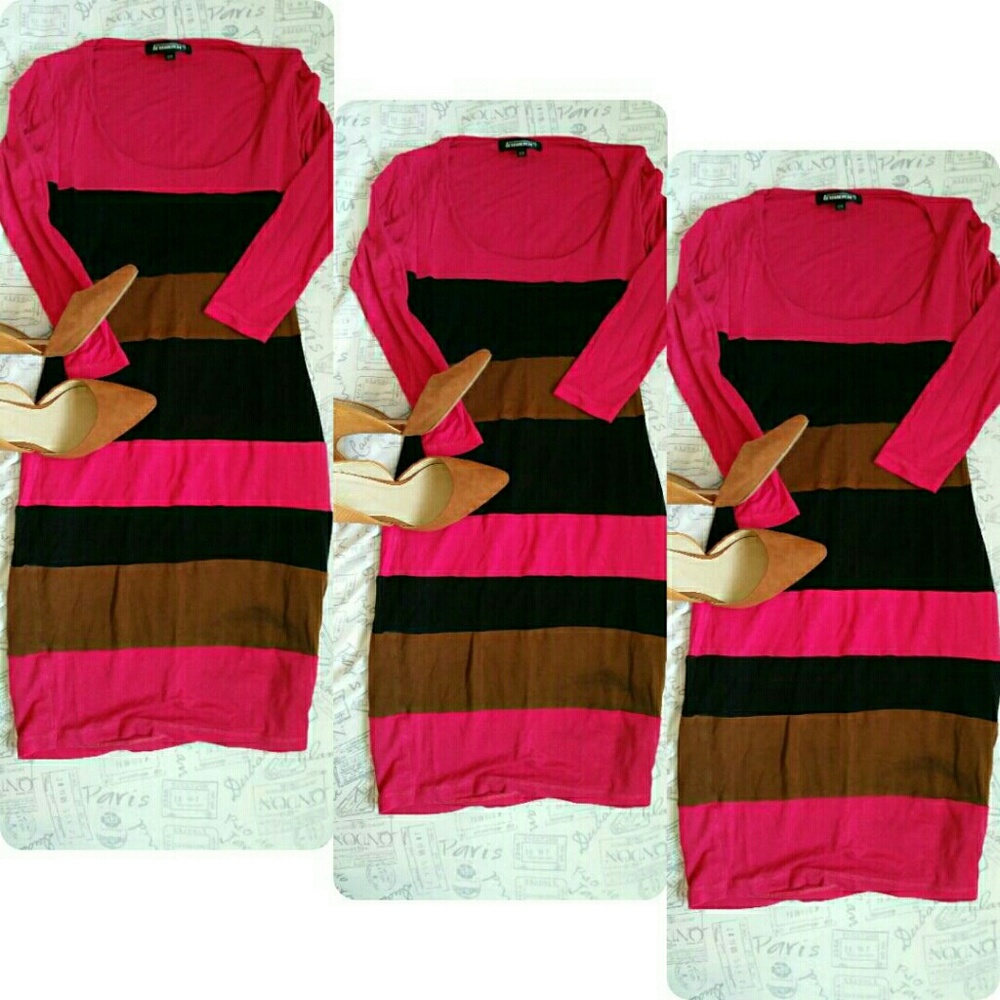 Below the knee pink,brown and black stripes dress