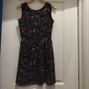Knee length navy and brown paisley dress