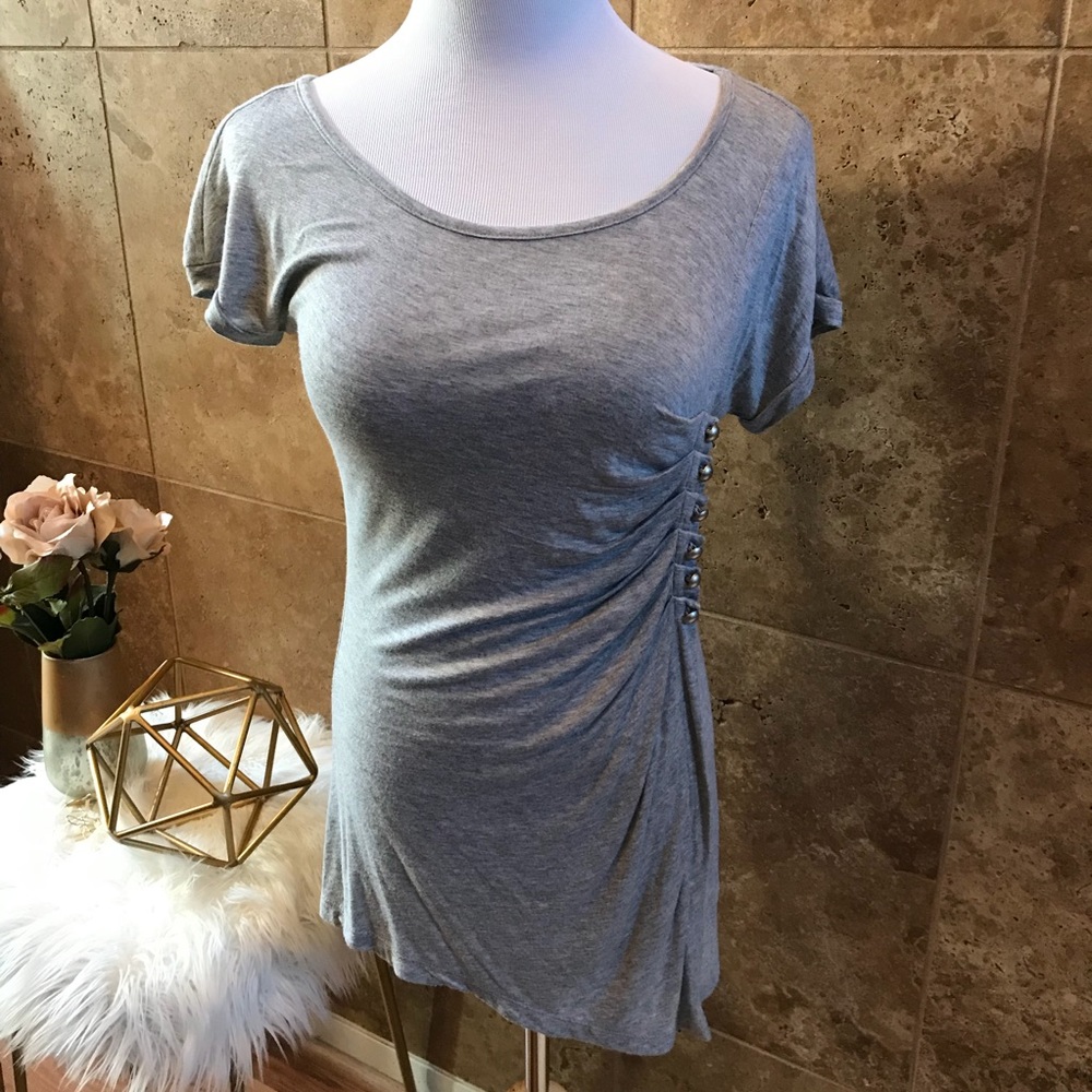 Ruched Gray Tee w/ Pearl Embellishments Sz M