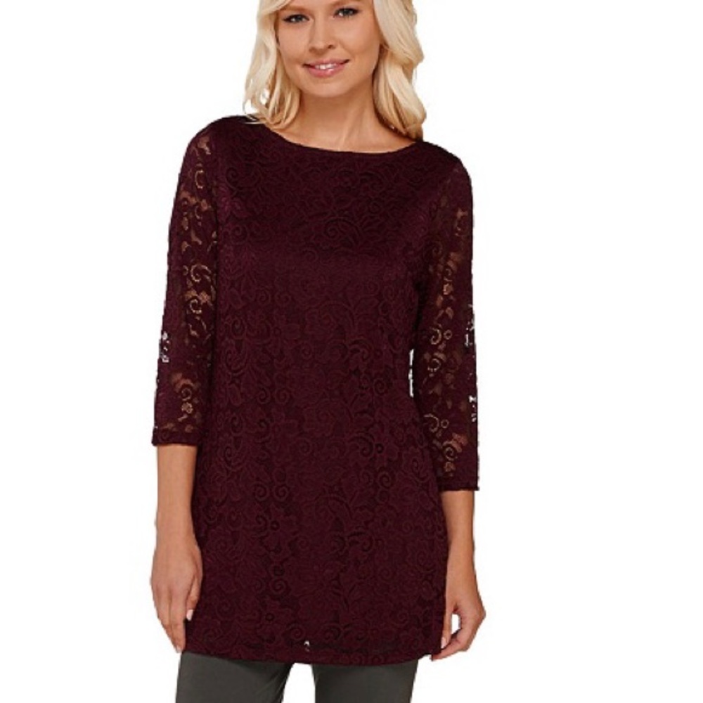 Wine 3/4 Sleeve Lace Overlay Top / Tunic XS-S