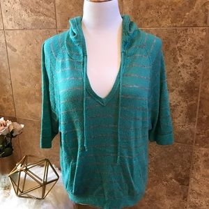 Metallic Sweater Hoodie, Deep V-Neck, 3/4 Sleeves