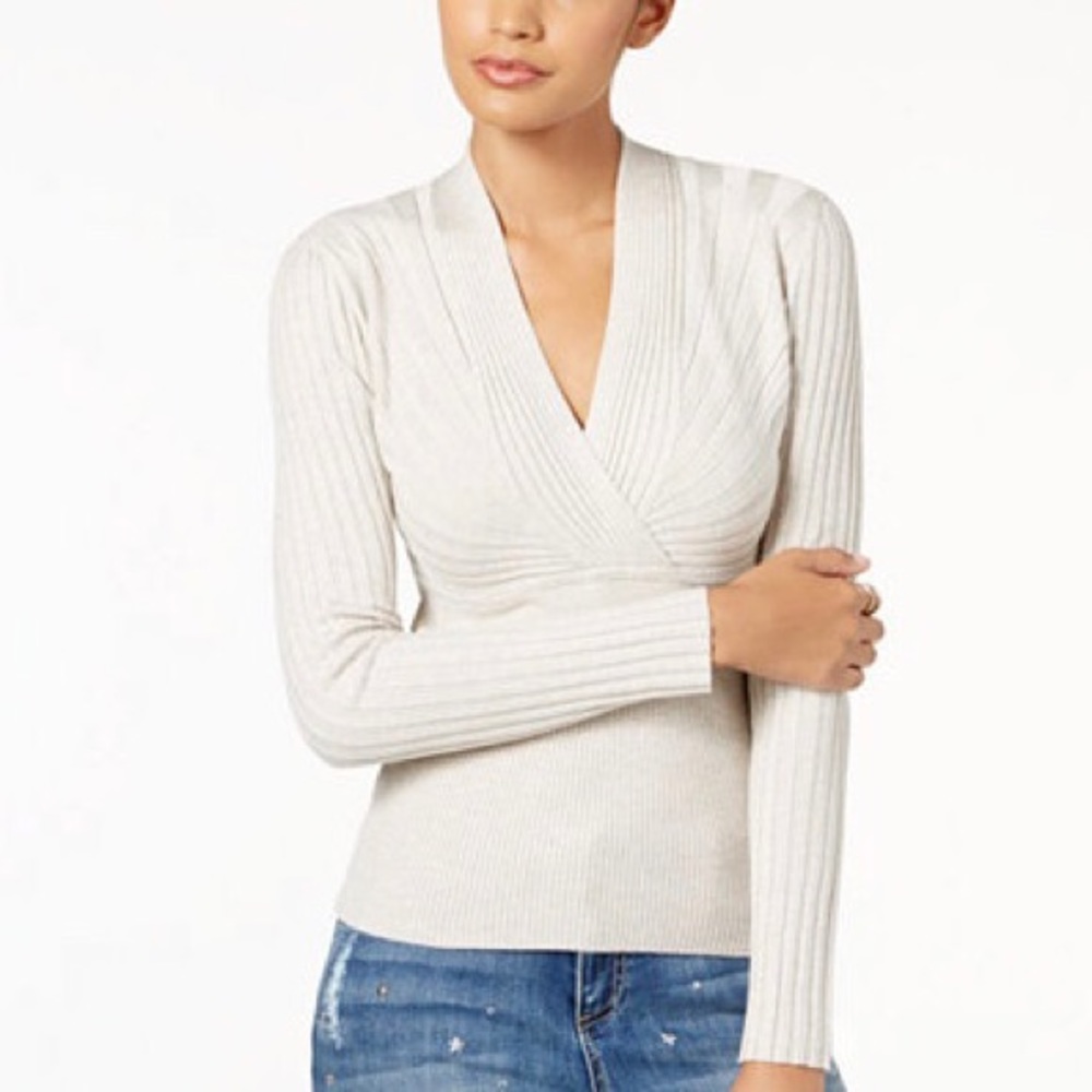 New Gold Metallic Ribbed Surplice Cozy Sweater