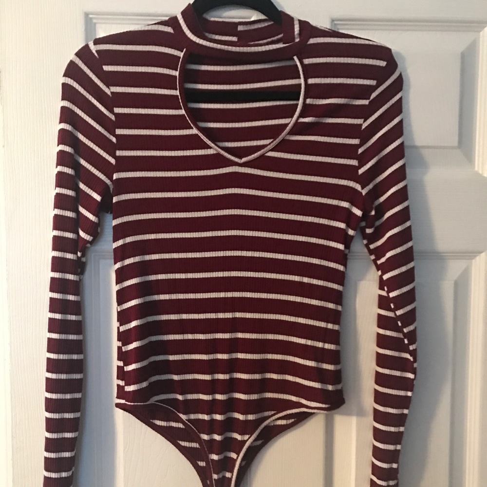 Maroon and white bodysuit top