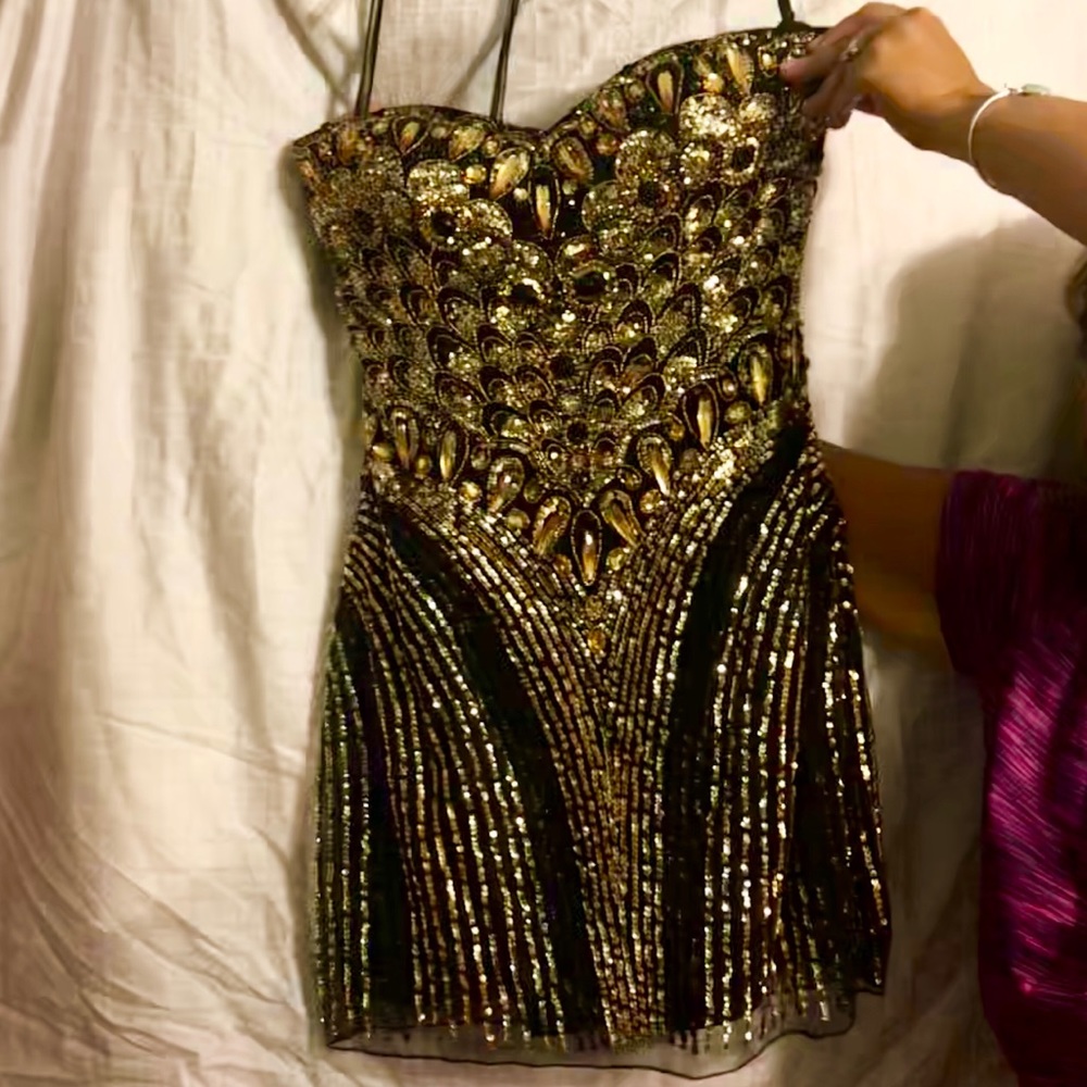 Sherri Hill Black Gold Rhinestone Dress