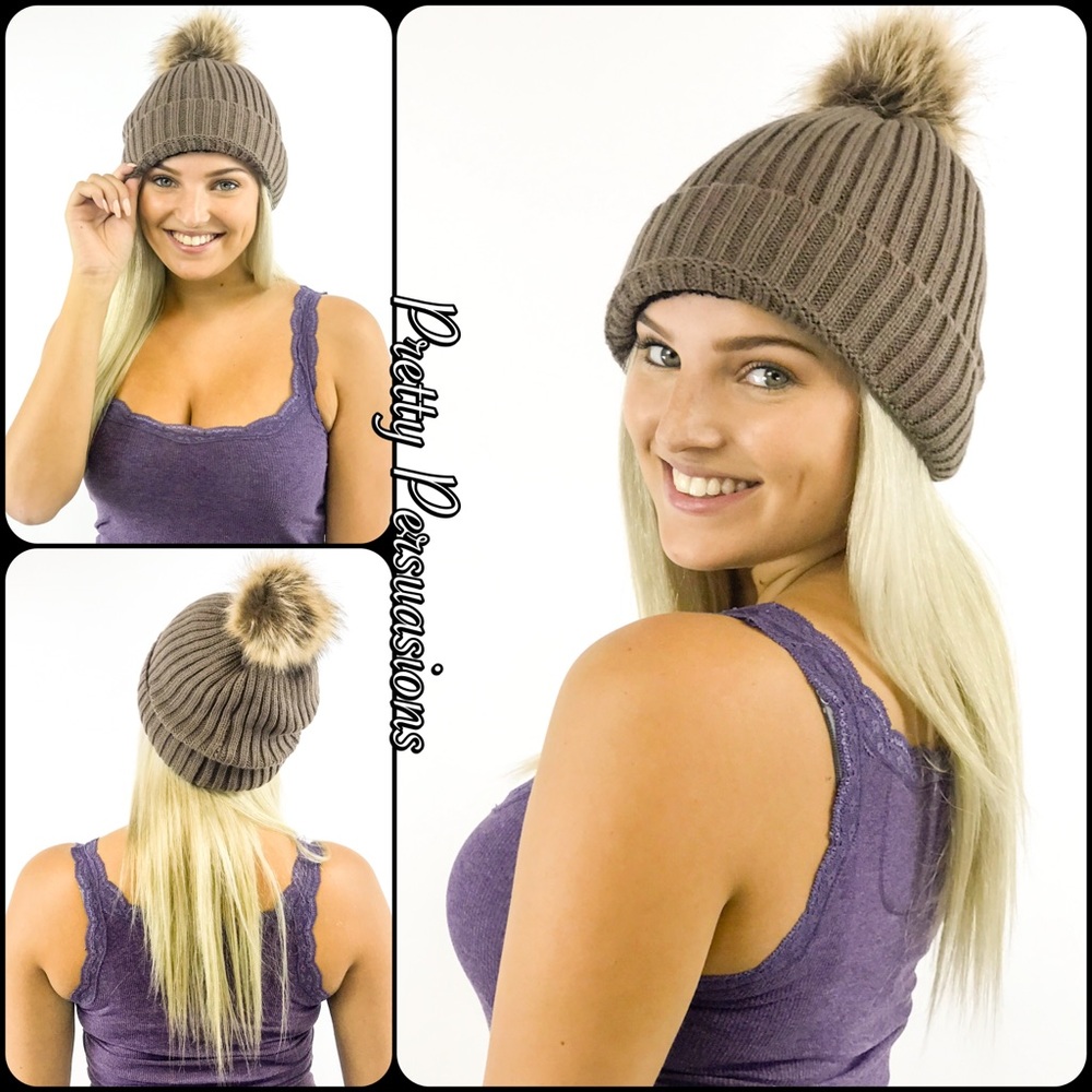Taupe Lined Pom Pom Slouchy Beanie - Picture 2 of 7