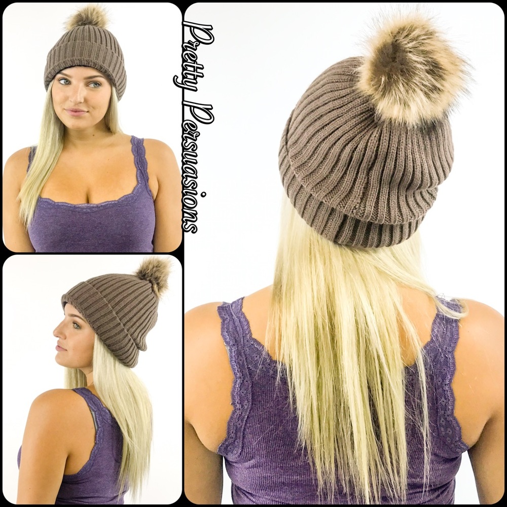 Taupe Lined Pom Pom Slouchy Beanie - Picture 3 of 7