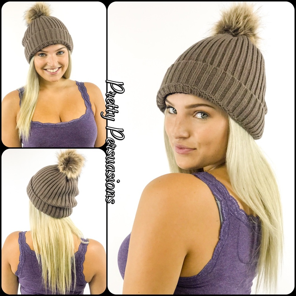 Taupe Lined Pom Pom Slouchy Beanie - Picture 4 of 7