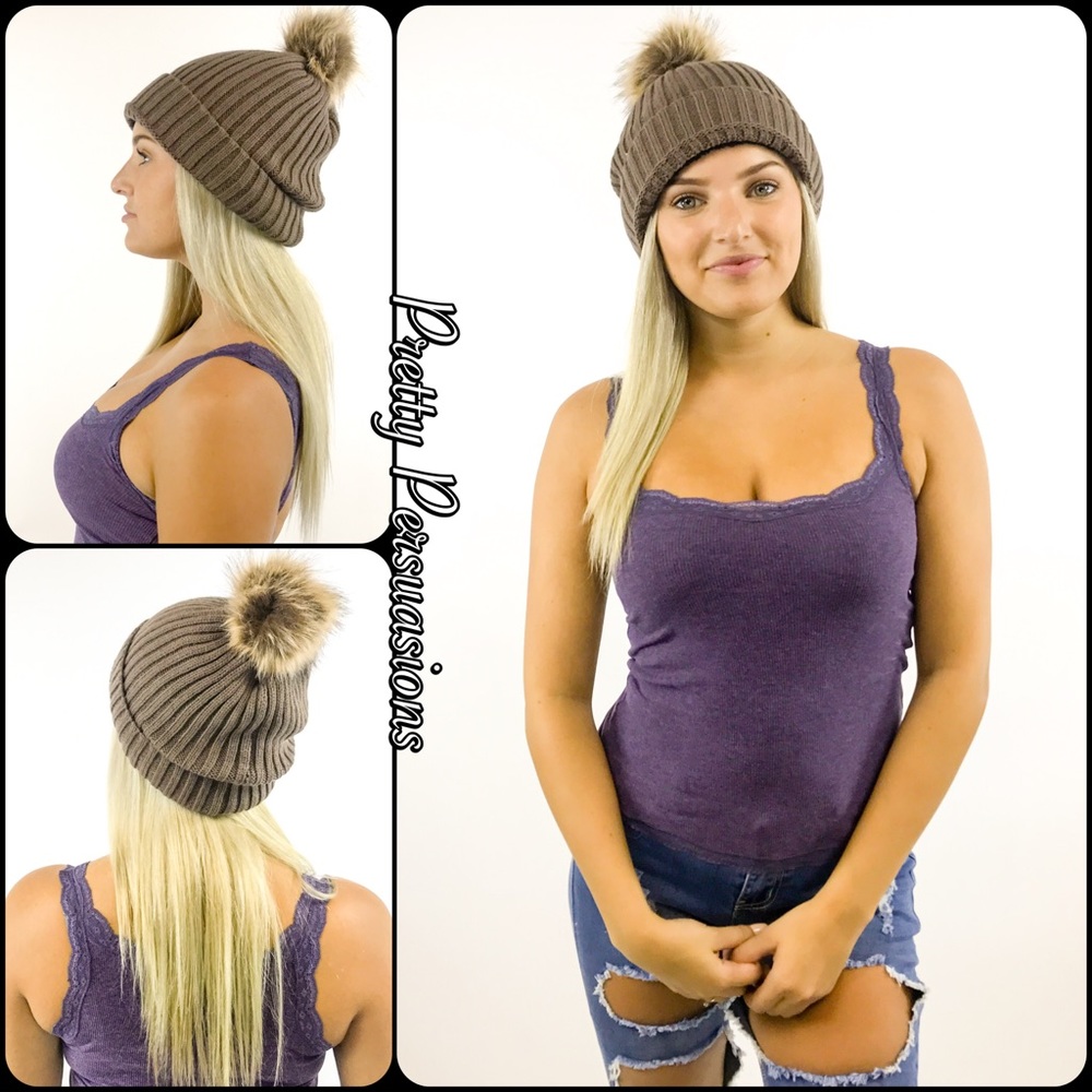 Taupe Lined Pom Pom Slouchy Beanie - Picture 5 of 7