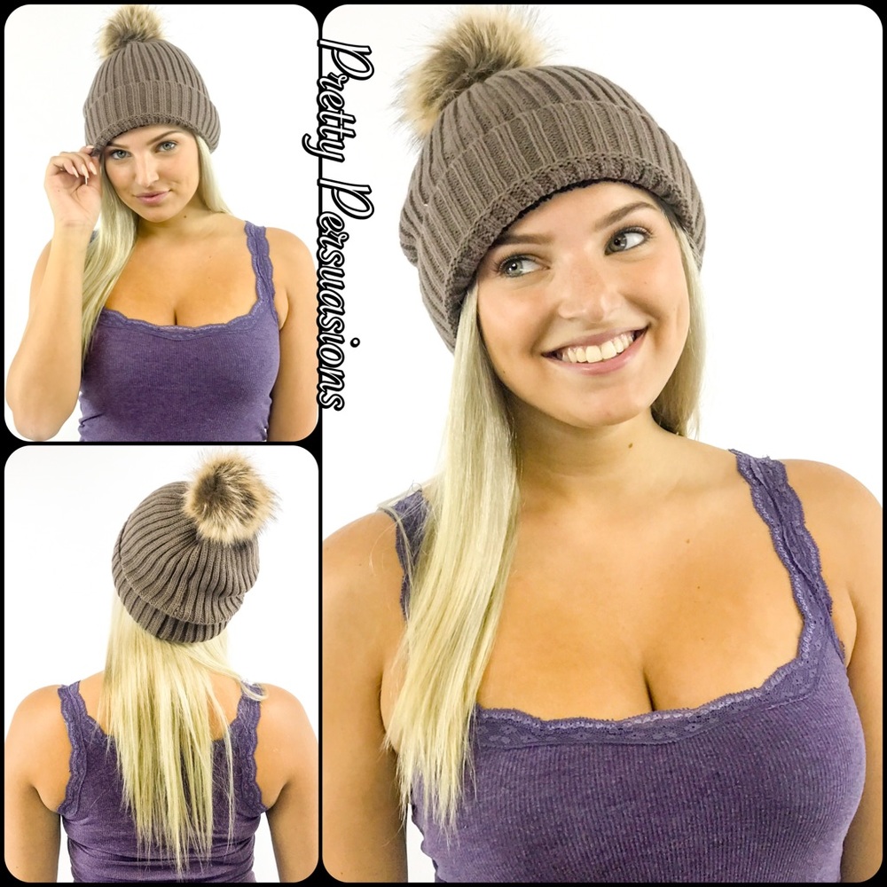Taupe Lined Pom Pom Slouchy Beanie - Picture 6 of 7