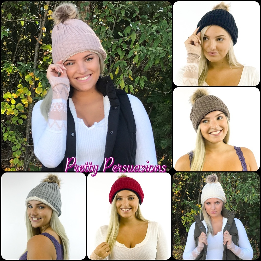 Taupe Lined Pom Pom Slouchy Beanie - Picture 7 of 7