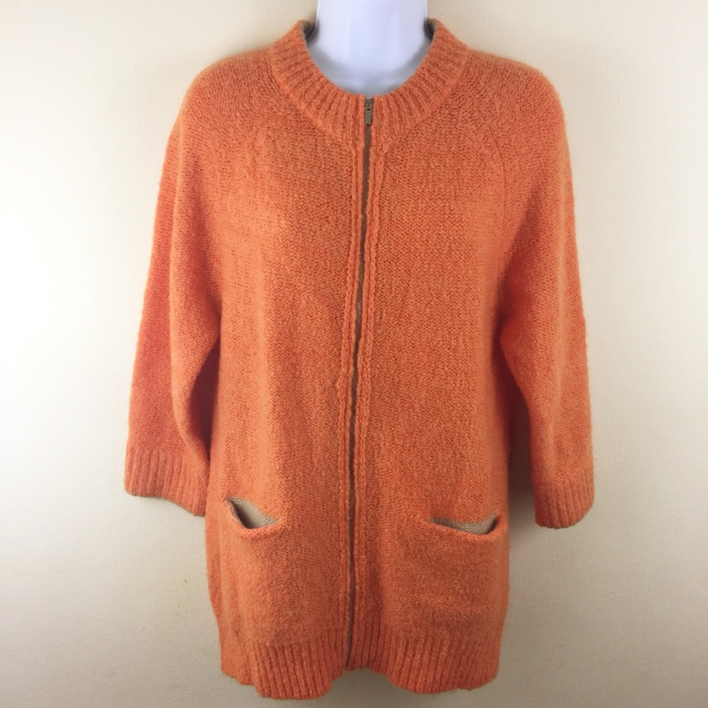 Oversized Zip Down Orange Fuzzy 3/4 Sleeve Sweater