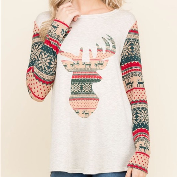 << Deer Christmas Reindeer Fair Isle Print Top >> - Picture 2 of 5