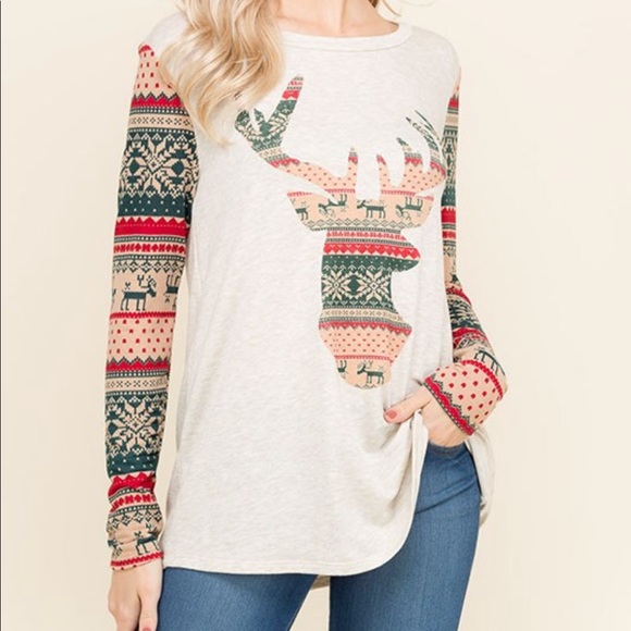 << Deer Christmas Reindeer Fair Isle Print Top >> - Picture 3 of 5