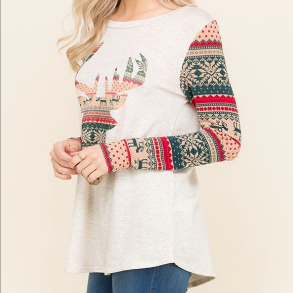 << Deer Christmas Reindeer Fair Isle Print Top >> - Picture 4 of 5