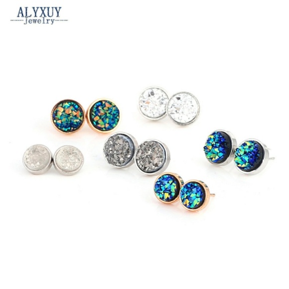 Gold Natural Druzy Blue Green Circle Earrings - Picture 2 of 4