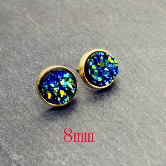 Gold Natural Druzy Blue Green Circle Earrings - Picture 3 of 4