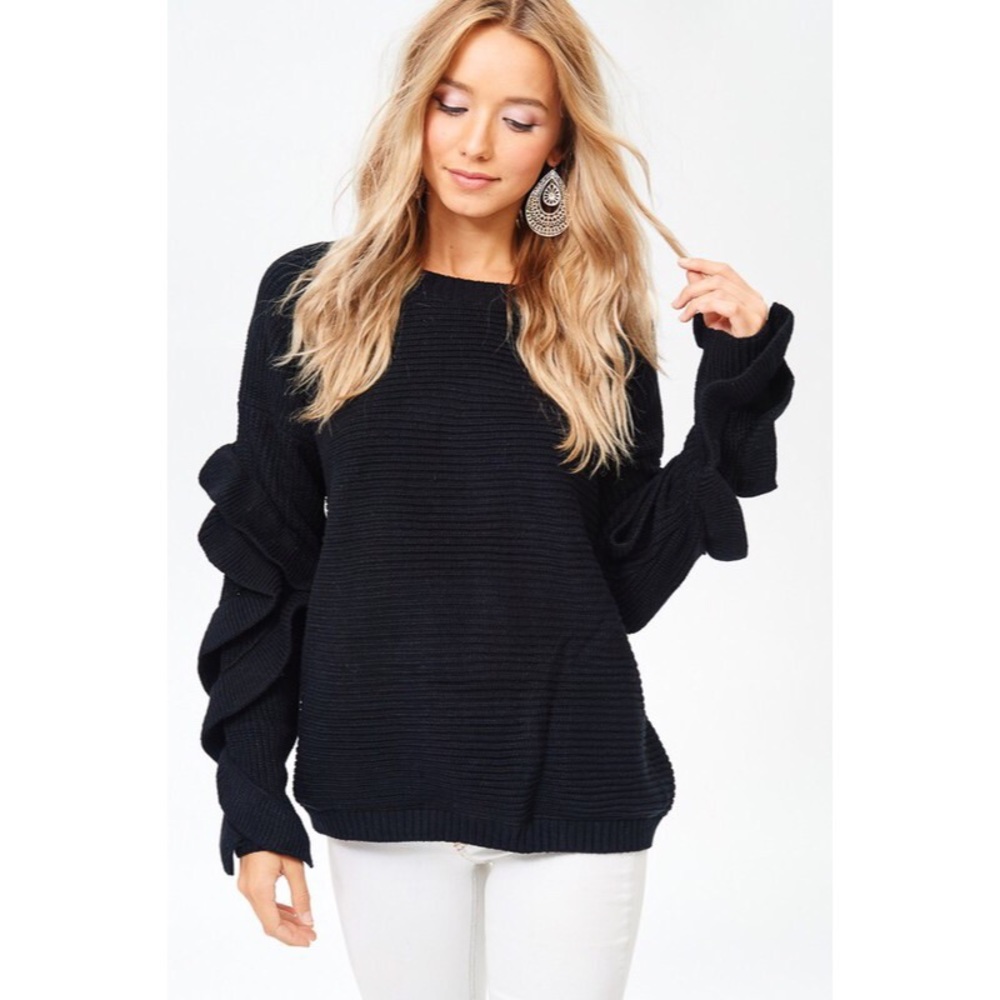 >>LAST<< Sabel Ruffle Sleeve Sweater - Black - Picture 3 of 6