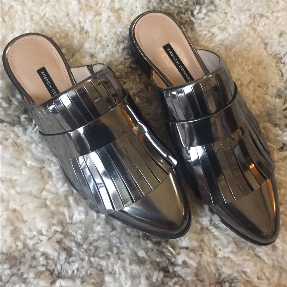 NEW French Connection Silver Metallic Fringe Mule