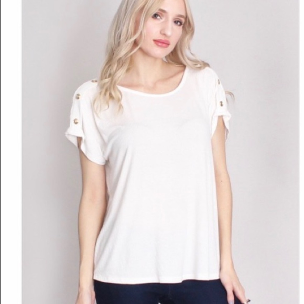 White Buttoned Sleeve Ribbed Top