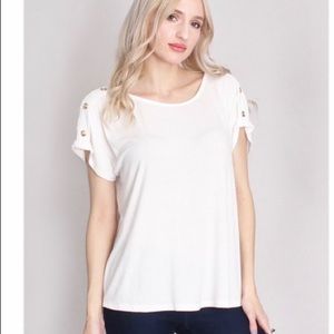 White Buttoned Sleeve Ribbed Top